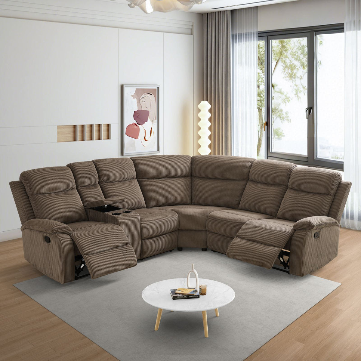 Brown Stripe Fabric 3-Piece Reclining Sofa Set