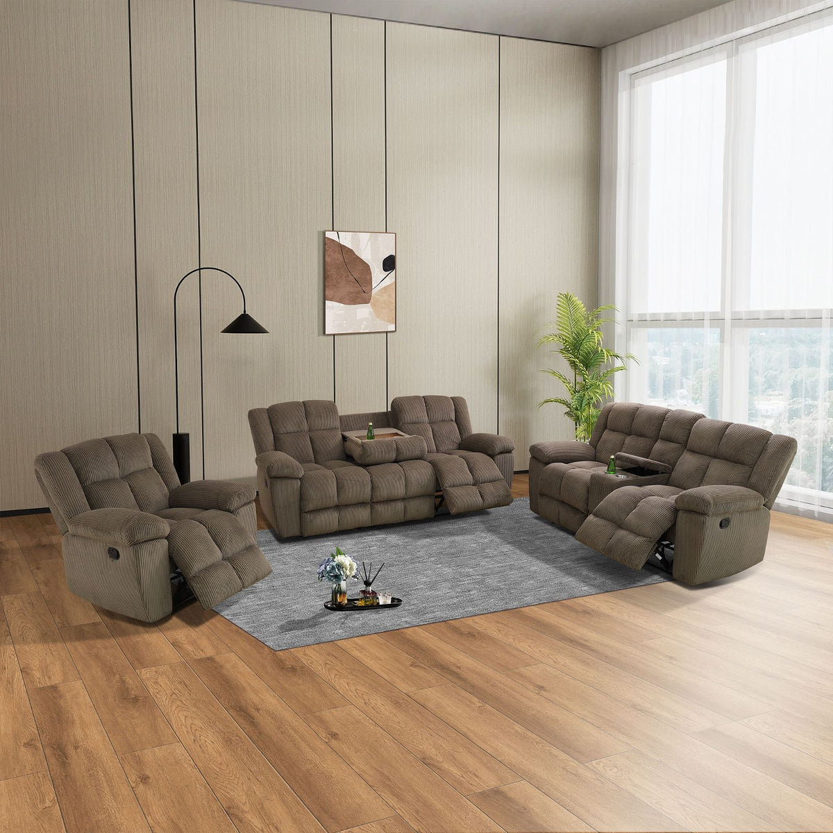 Brown Stripe Fabric Reclining 3-Piece Sofa Set