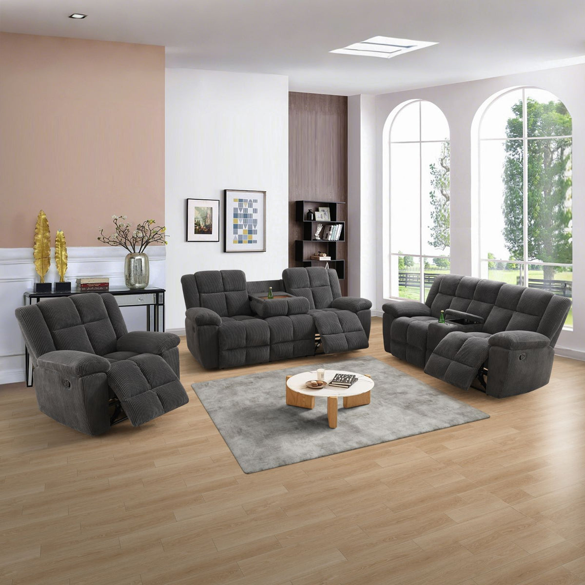 Dark Gray Stripe Fabric Reclining 3-Piece Sofa Set