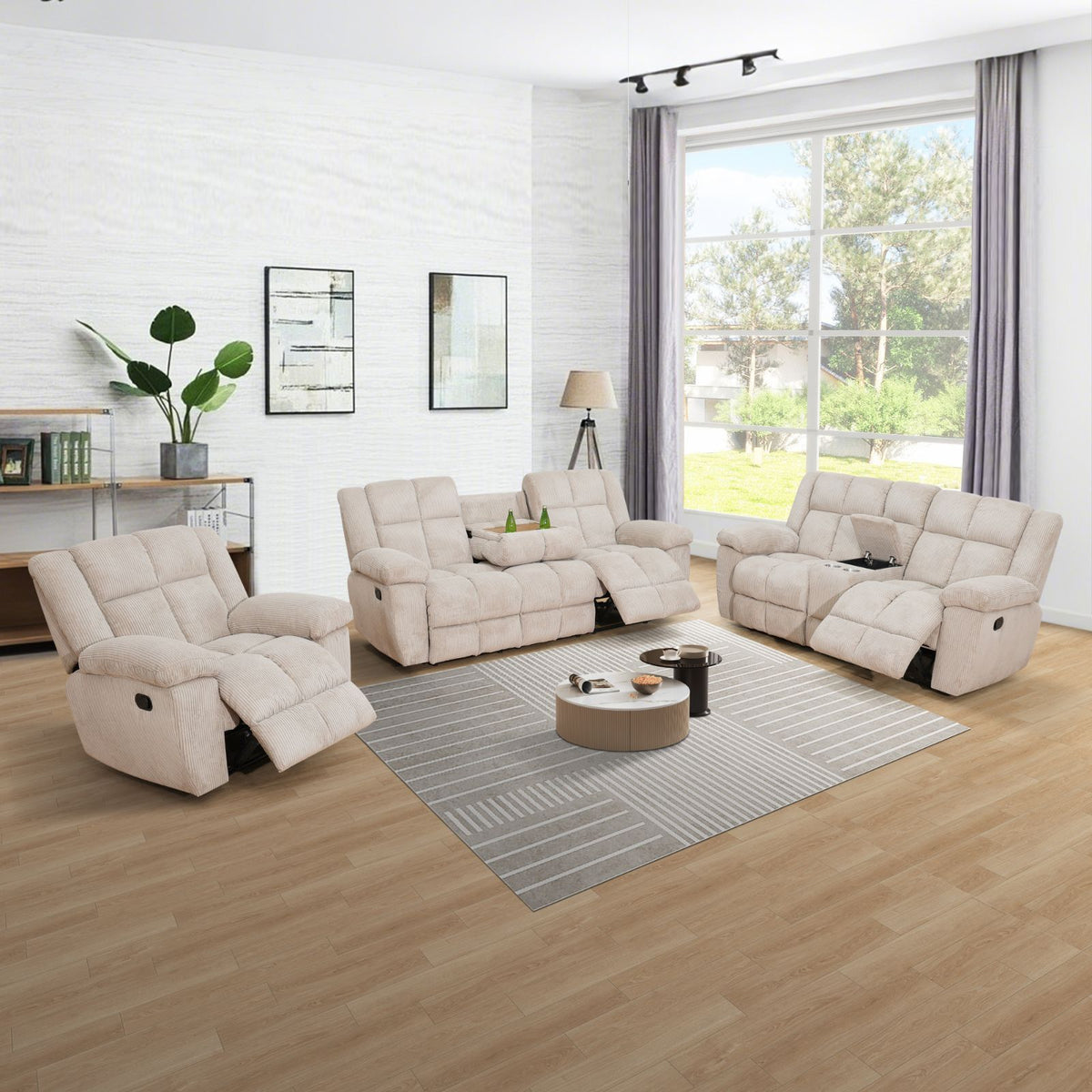 Off-White Stripe Fabric Reclining 3-Piece Sofa Set