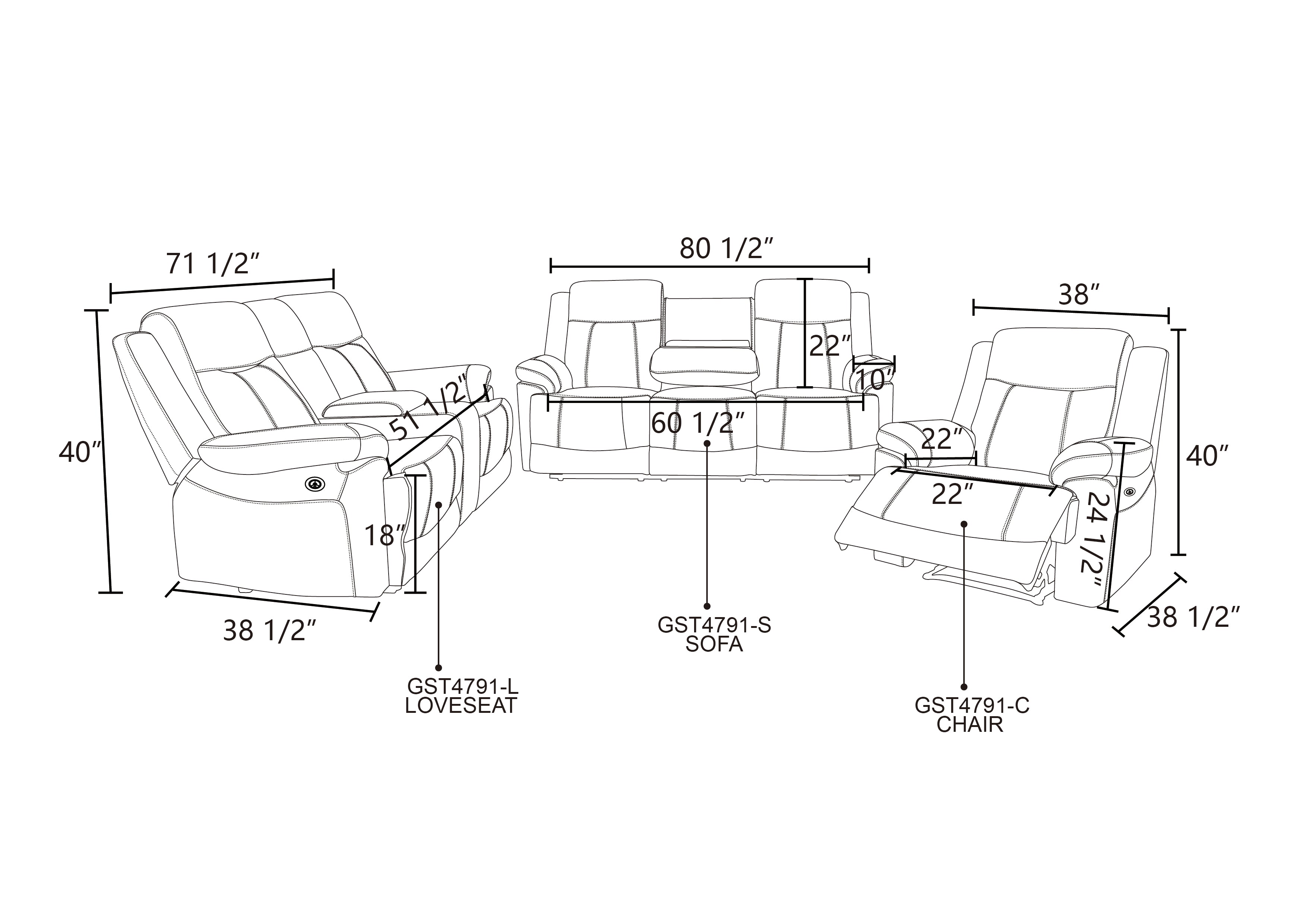 Deep Gray Breathing Leather 3-Piece Living Room Recliner Sofa set