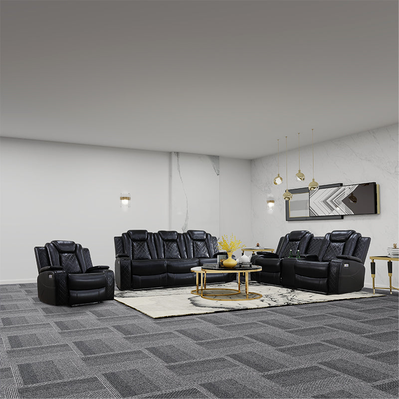 Ainehome Manual Black Leather Recliner Sofa Set