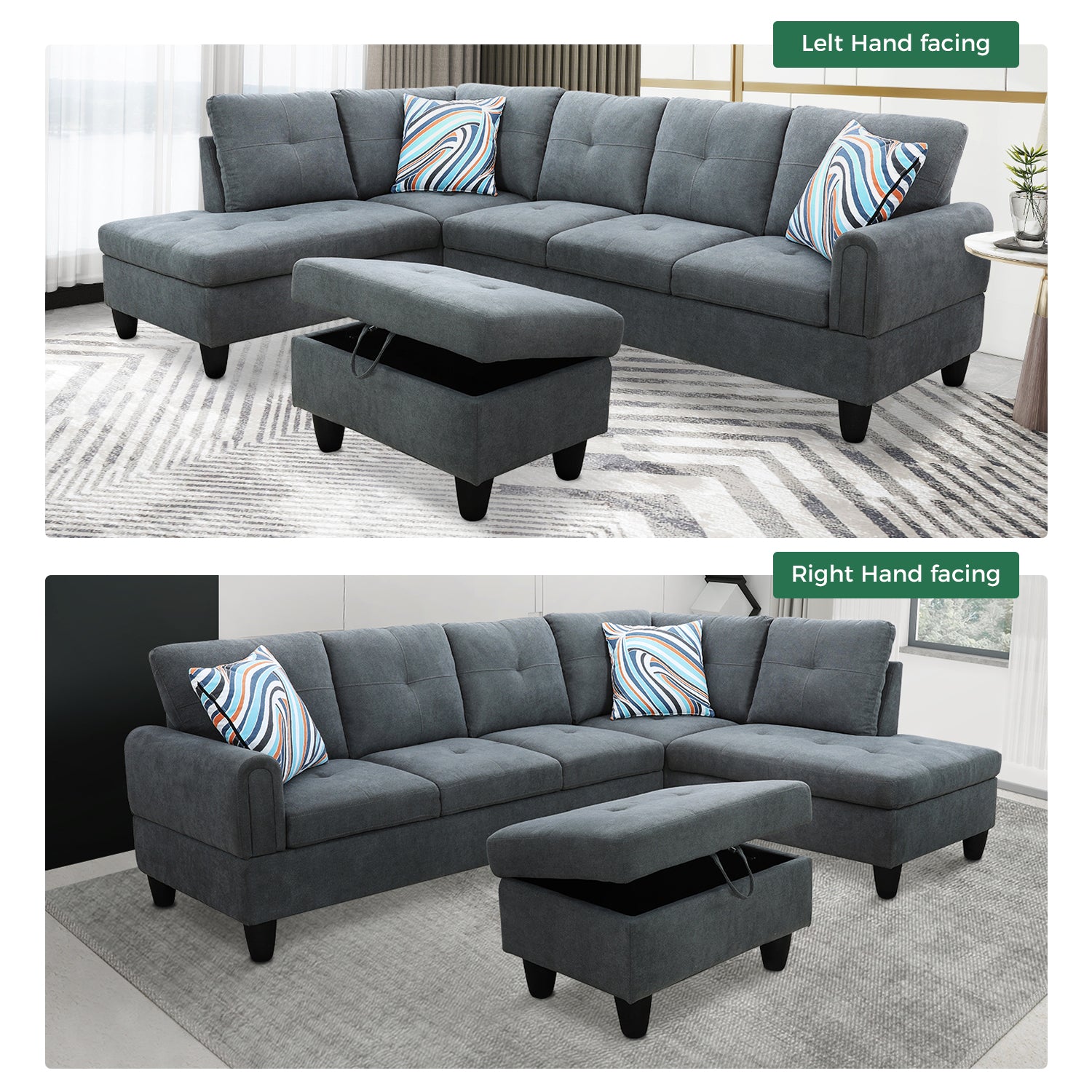 Ainehome Dark Grey Flannel L-Shaped Living Room Sectional Sofa Set